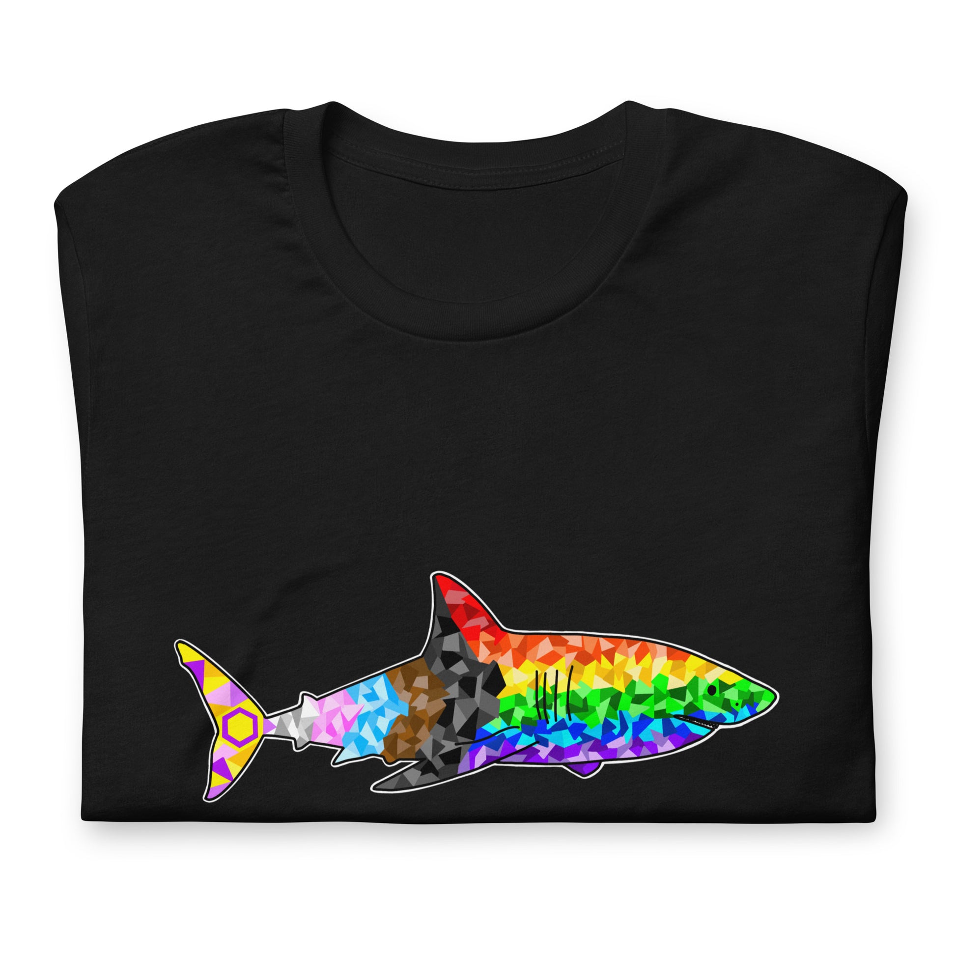 Black t-shirt with a geometric progress pride flag design in the shape of a shark