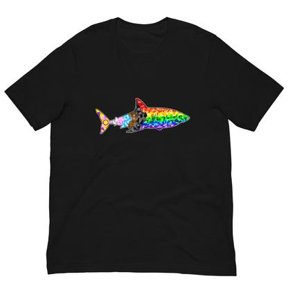 Black t-shirt with a geometric progress pride flag design in the shape of a shark