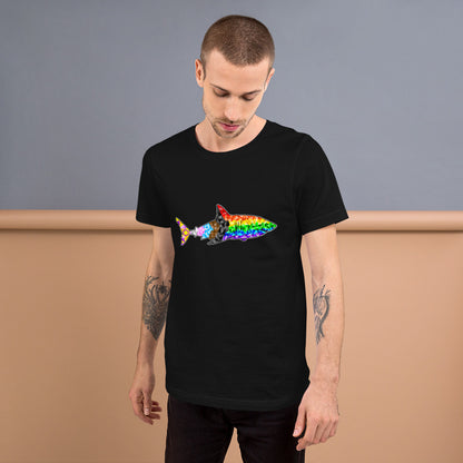 Man wearing a black t-shirt with a geometric progress pride flag design in the shape of a shark