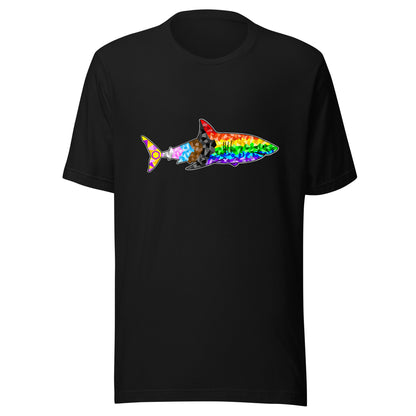 Black t-shirt with a geometric progress pride flag design in the shape of a shark