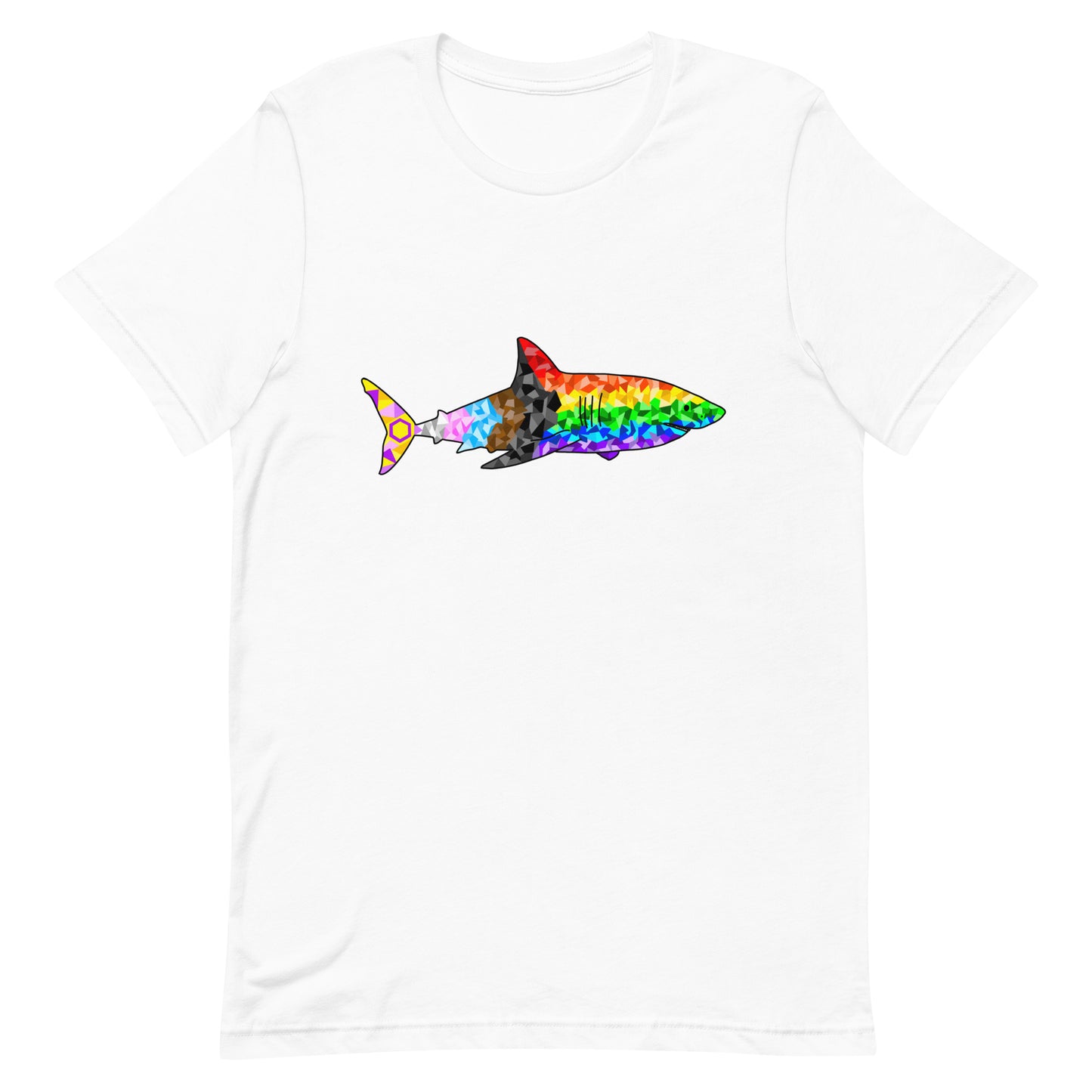 White t-shirt with a geometric progress pride flag design in the shape of a shark