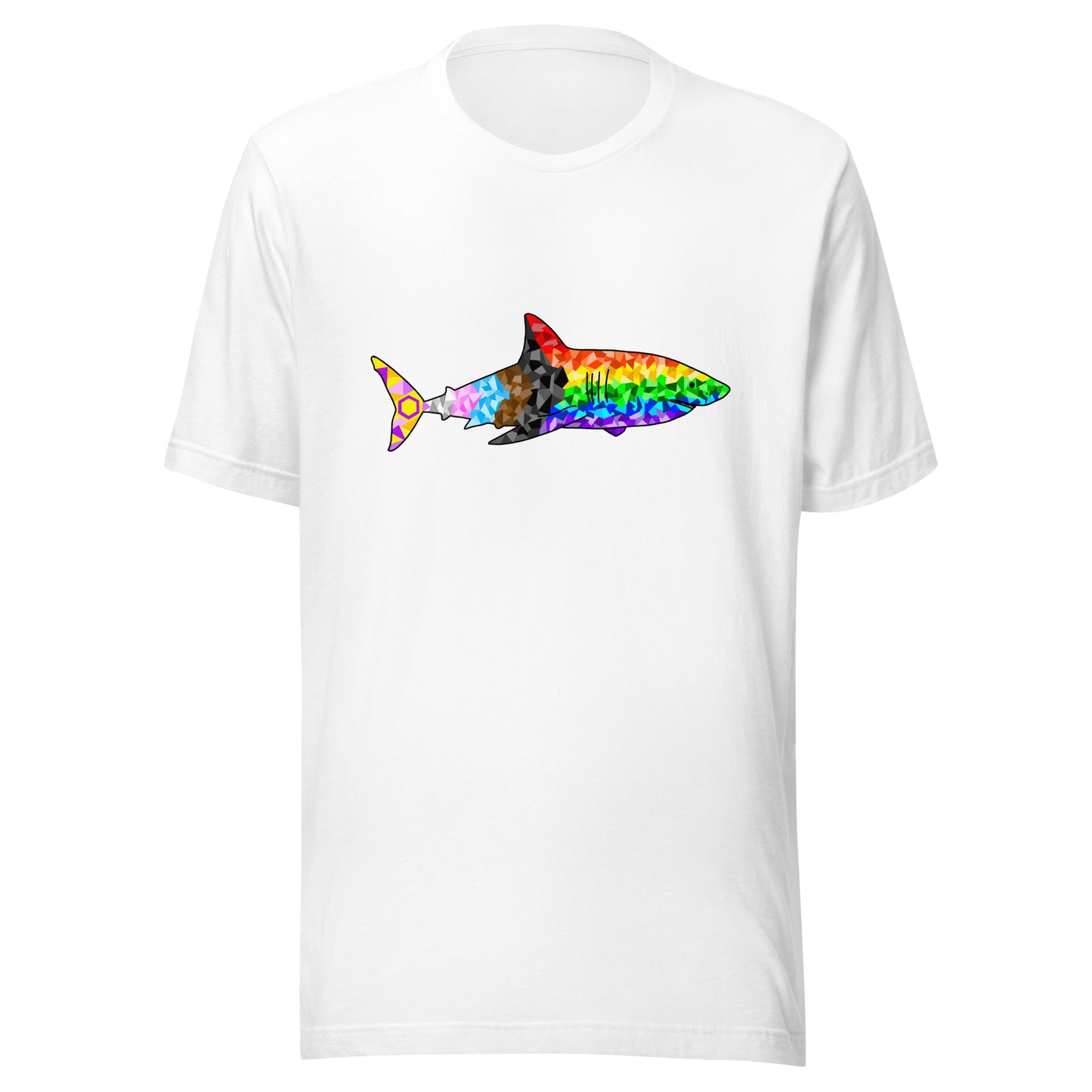 White t-shirt with a geometric progress pride flag design in the shape of a shark